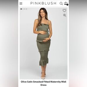Pinkblush Olive satin smocked fitted maternity midi dress